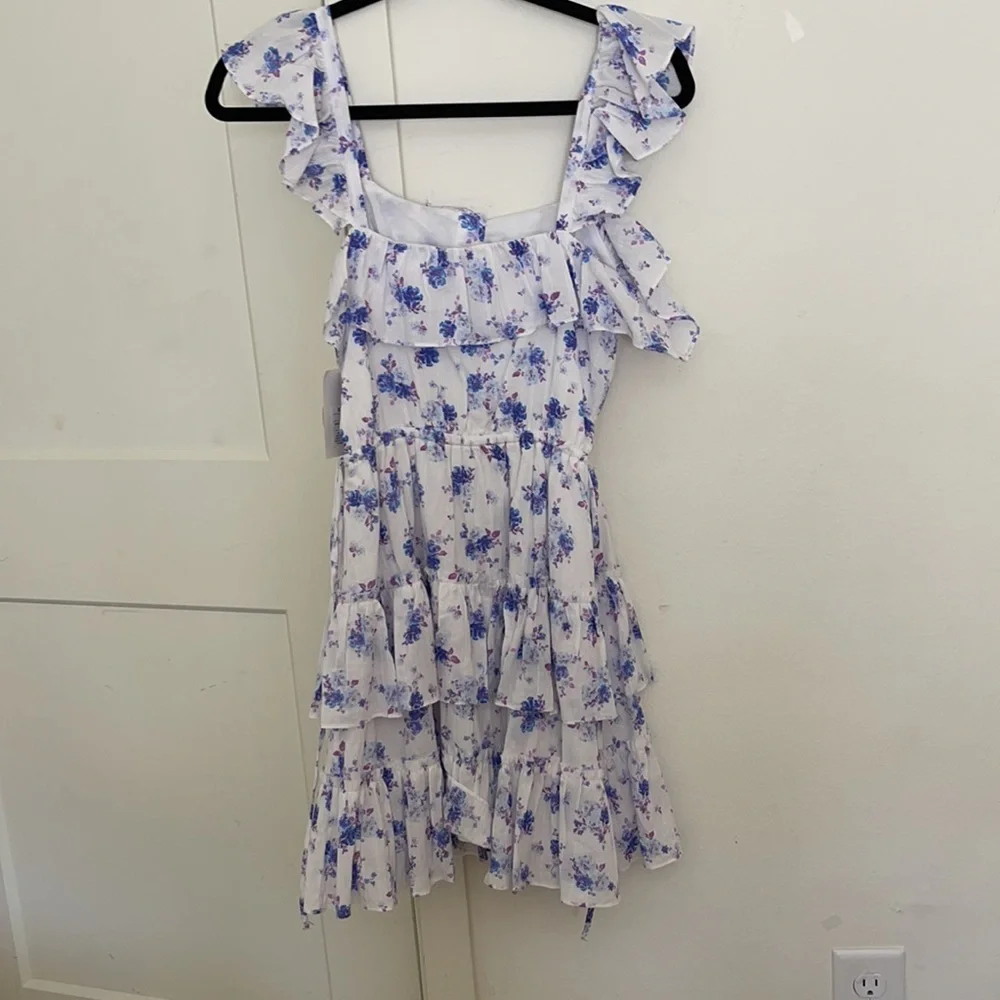 LoveShackFancy White Mini Dress with Blue Floral Print - Picture 2 of 5